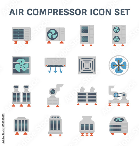 Air conditioner icon i.e. air compressor, condenser unit, ventilation, duct, cooling tower and chiller. That is a part of HVAC system to remove heat and moisture, temperature and humidity control.