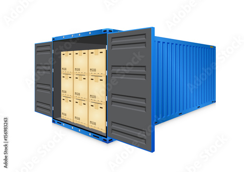 Cargo container vector isolated on white background. Metal box or equipment for storage at dock, port, warehouse. Freight transport by ship, crane, trailer truck for shipping, import export business.