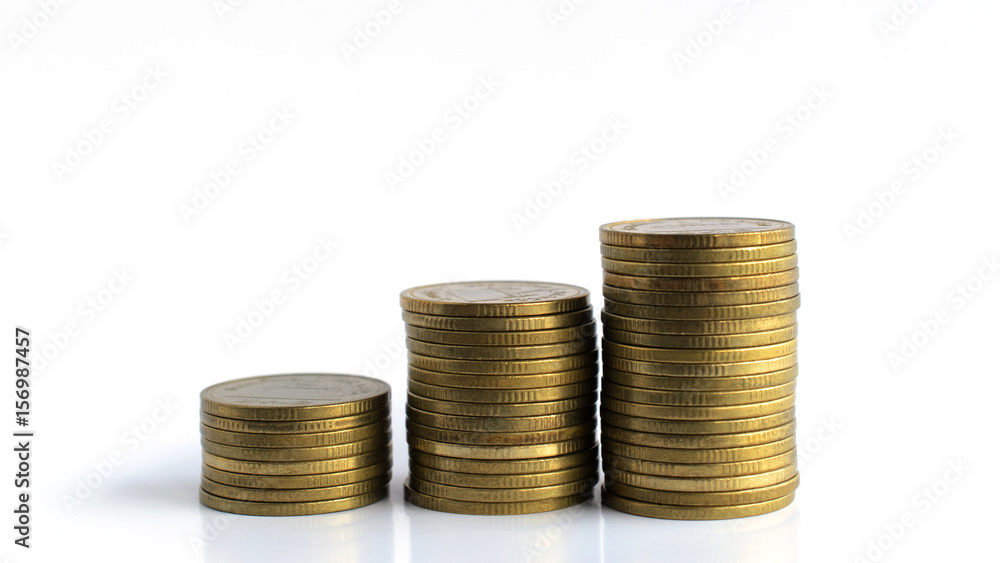 Money coins stack with macro close up Isolated on white backgrounds. Place your text Money coins stack with macro close up Isolated on white backgrounds. Place your text
