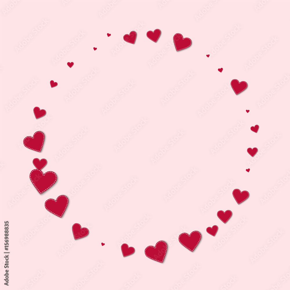 Red stitched paper hearts. Round shape on light pink background. Vector illustration.
