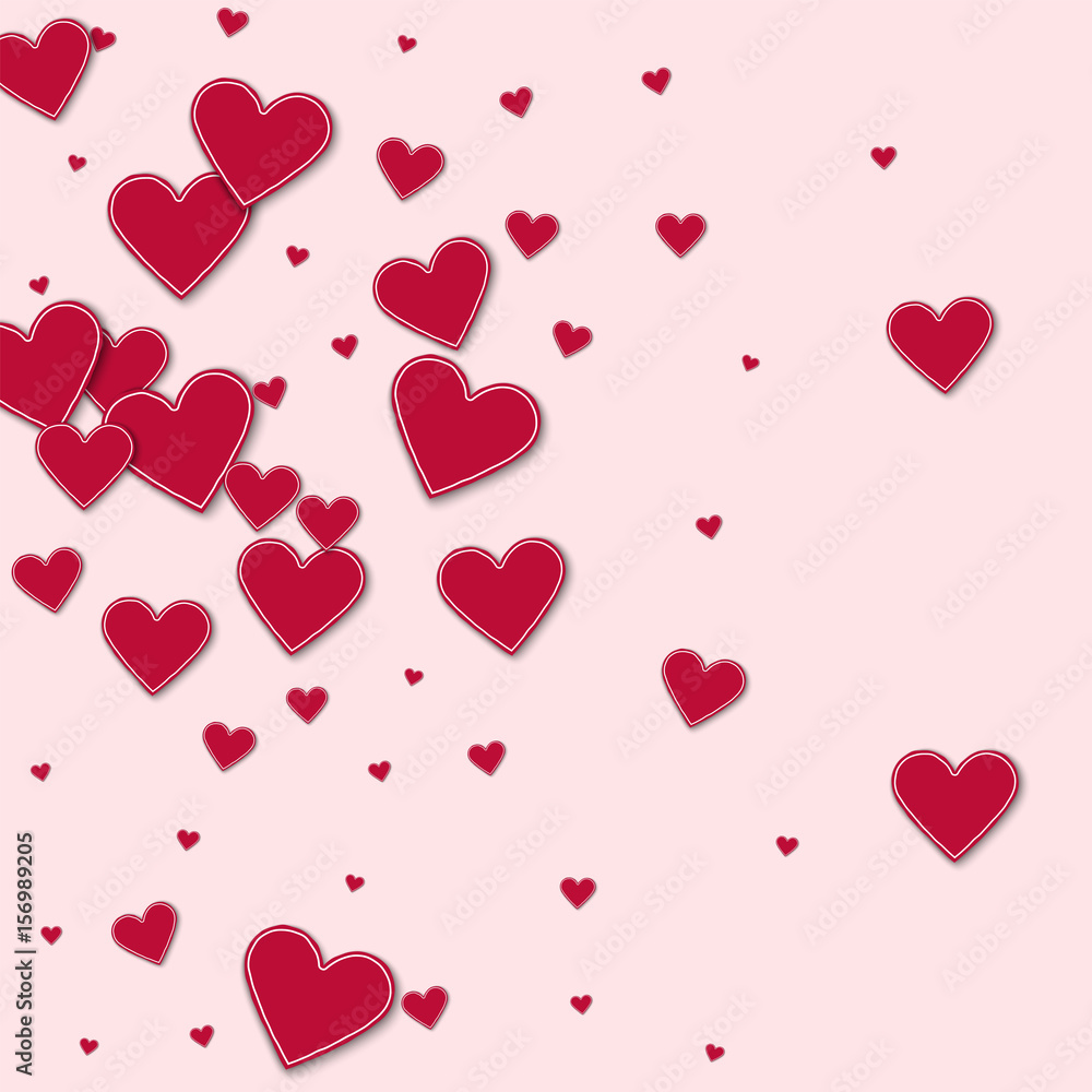 Cutout red paper hearts. Left gradient on light pink background. Vector illustration.
