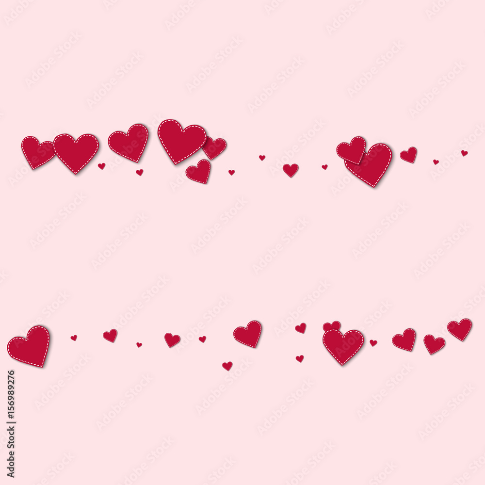 Red stitched paper hearts. Scatter lines on light pink background. Vector illustration.