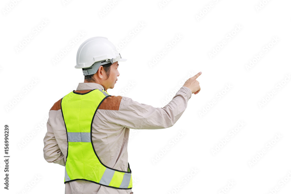 Male construction worker pointing isolated on white background. Male construction worker pointing isolated on white background.