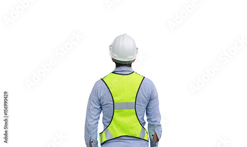 Fotografie Back view of Male construction worker isolated on white background