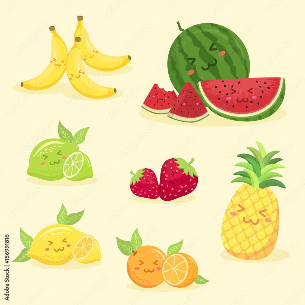 Summer Fruits Set Cute Face Cartoon Character Vector Illustration. Watermelon, Strawberry, Orange, Lemon, Lime, Banana, Pineapple. Summer Fruits Set Cute Face Cartoon Character Vector Illustration. Watermelon, Strawberry, Orange, Lemon, Lime, Banana, Pineapple.