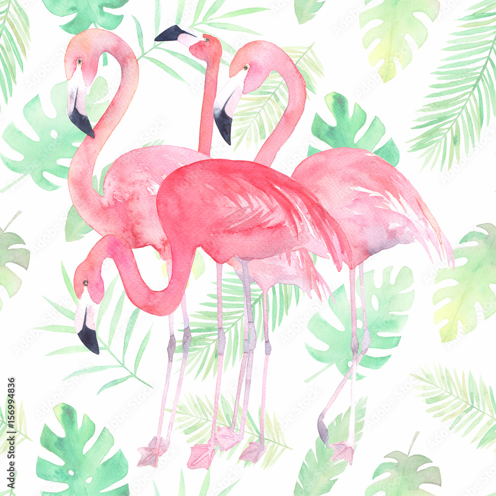 Watercolor seamless pattern with flamingo and tropic leaves