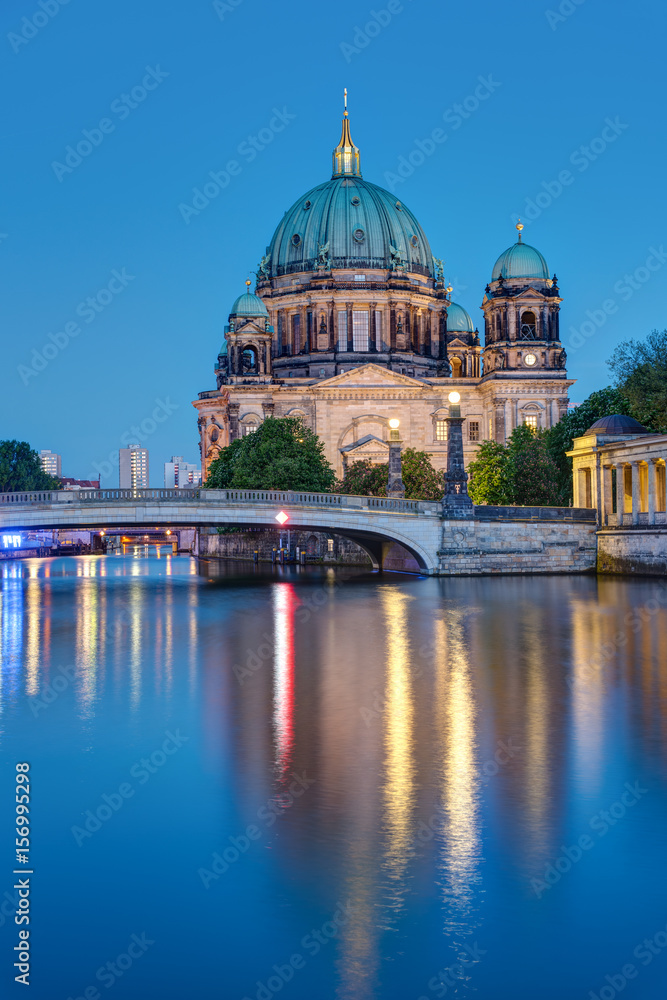 The Berliner Dom and the river Spree at night