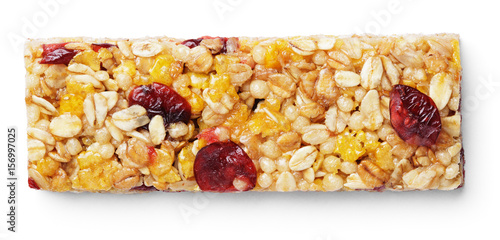 Top view of healthy granola bar (muesli or cereal bar) isolated on white background