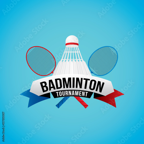 Badminton tournament badge design with racket and shuttlecocks.