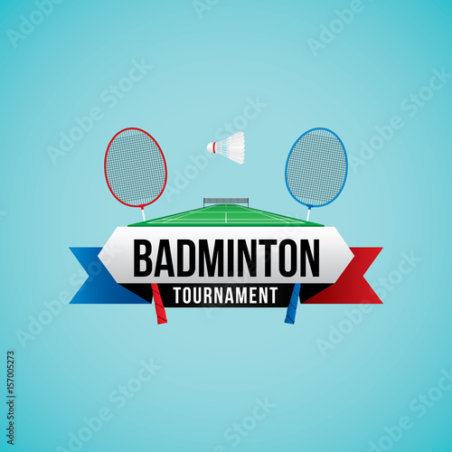 Badminton tournament badge design with racket and shuttlecocks.
