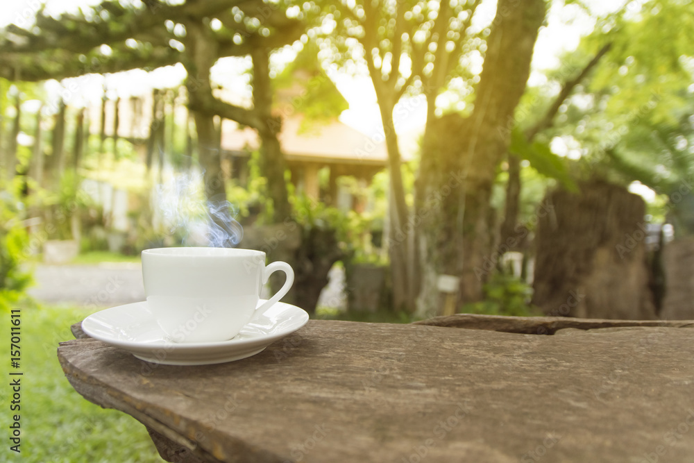 Morning coffee on wooden.