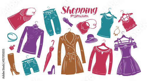 Fashion, boutique concept. Collection of fashionable women's clothing. Vector illustration