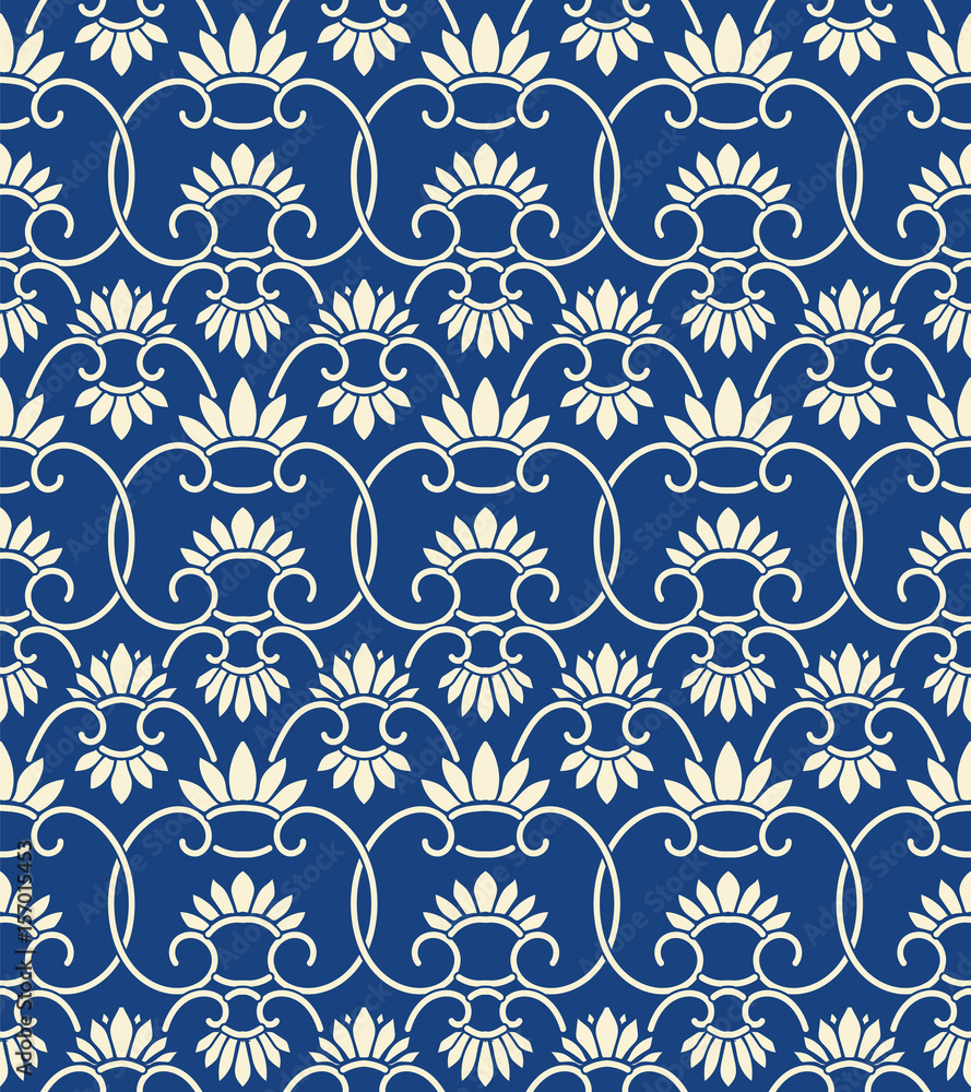 Seamless background retro China blue spiral curve cross garden vine flower Seamless background retro China blue spiral curve cross garden vine flower