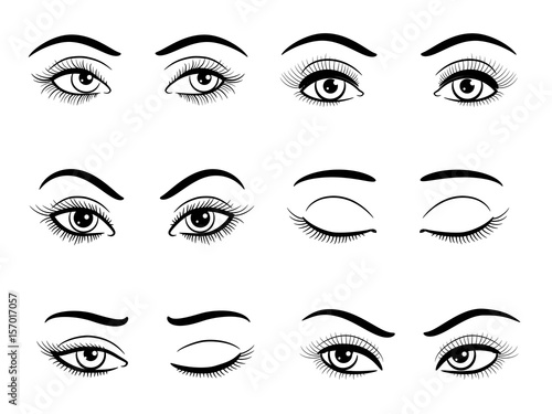 Hand drawn open and closed female eyes set. Vector illustration