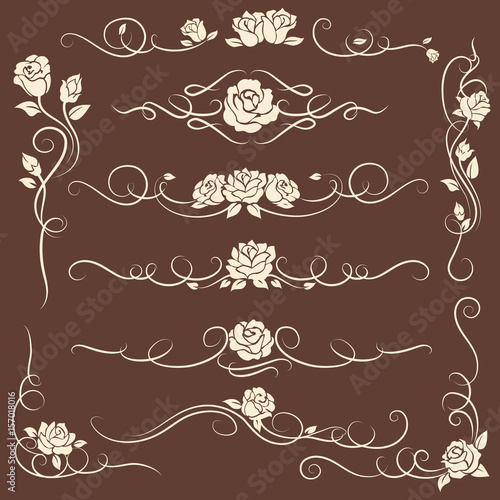 Vintage decorative flourish ornaments with roses on dark background. Vector illustration