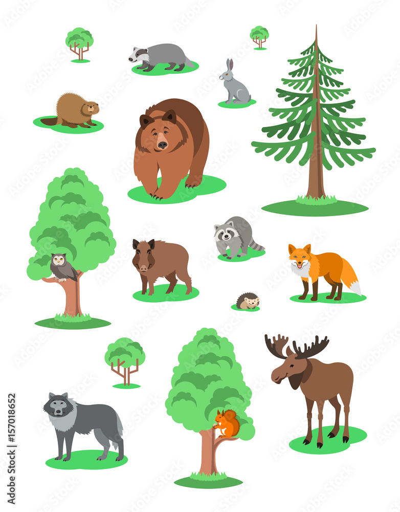 Fototapeta premium Cute smiling forest animals vector cartoon illustration. Wild zoo mammals icons for kids book. Bear, fox, owl, hedgehog, squirrel, wolf, elk, raccoon, hare, badger, beaver, boar with green trees