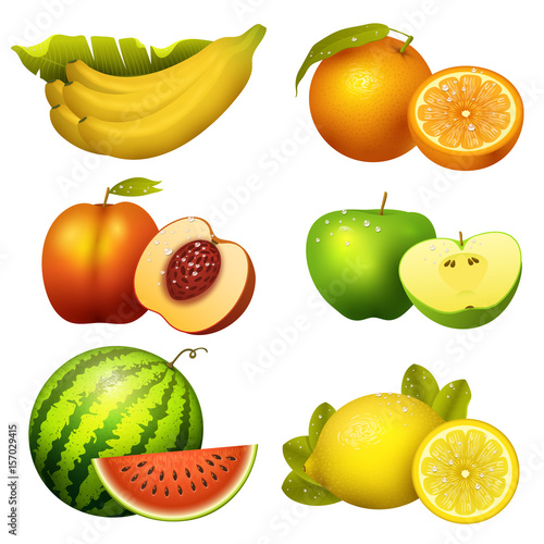 Fresh realistic juicy fruits slice vector illustration 3d organic vegetarian isolated greengrocery fruit.