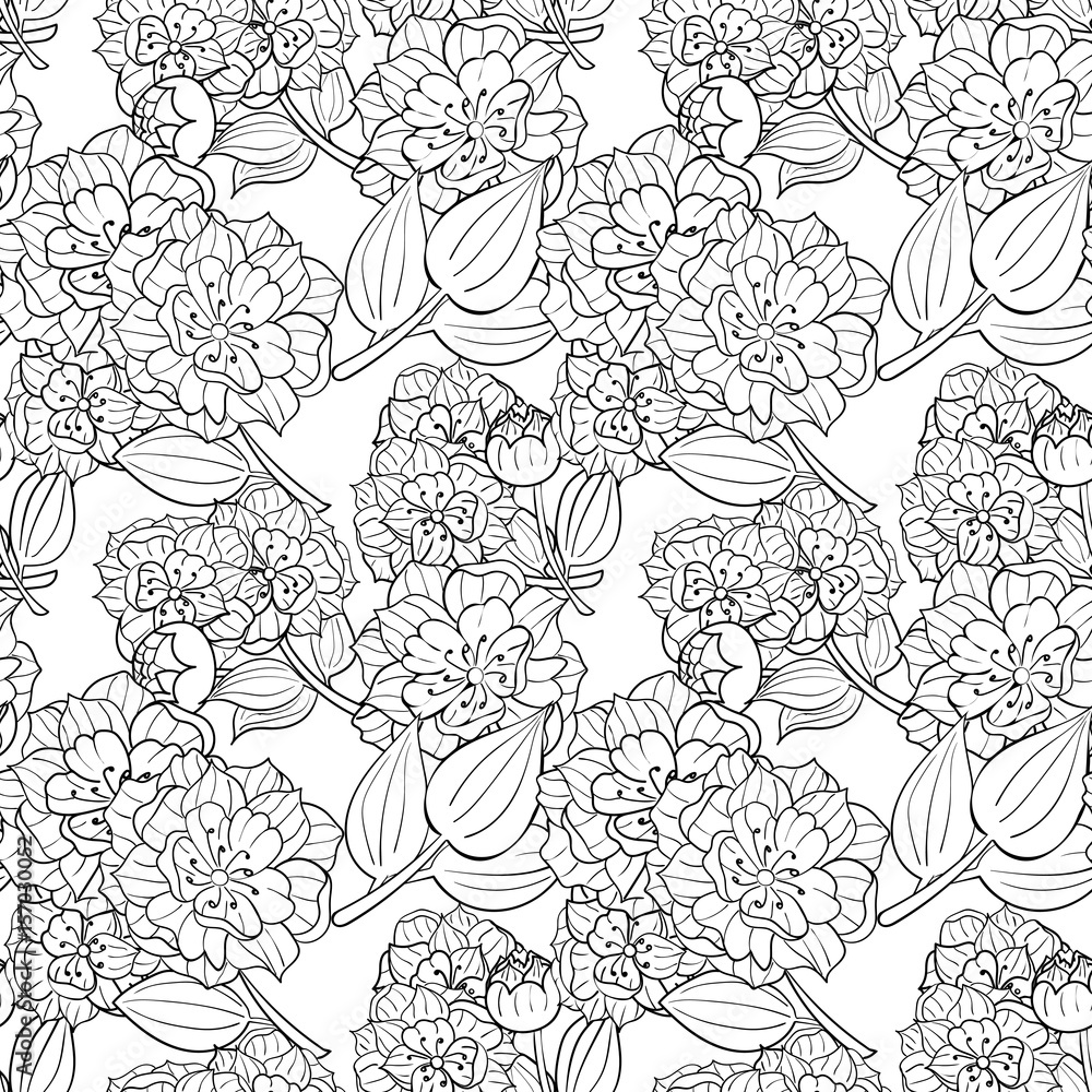 Seamless flower pattern. Hand drawn peonies. White and black colors. Vector illustration.