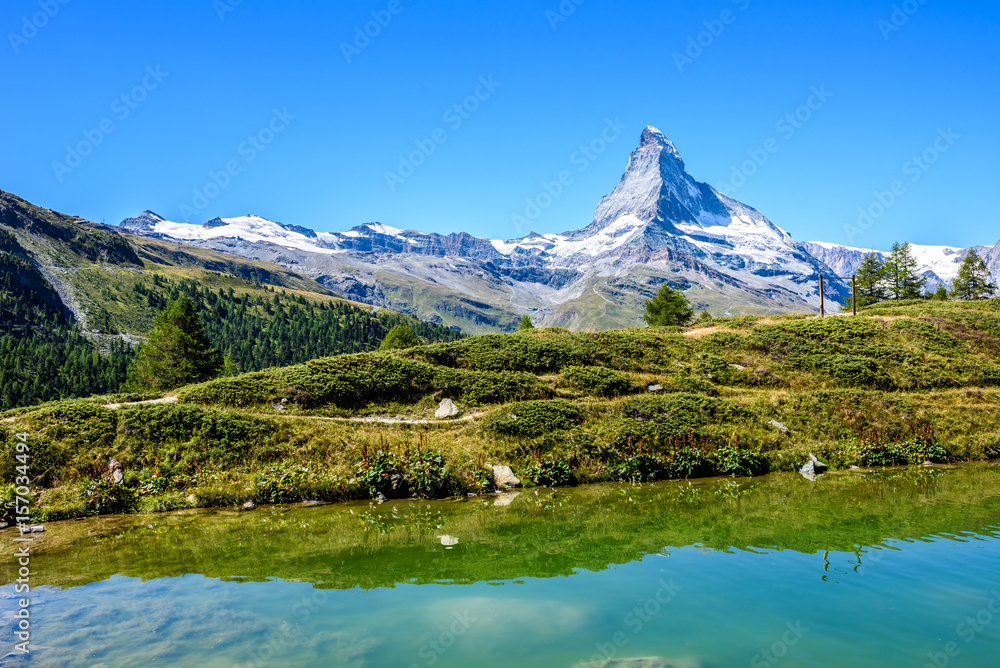 Lake Leisee with view to the Matterhorn mountain in beautiful landscape of the Alps at Zermatt, Switzerland Lake Leisee with view to the Matterhorn mountain in beautiful landscape of the Alps at Zermatt, Switzerland