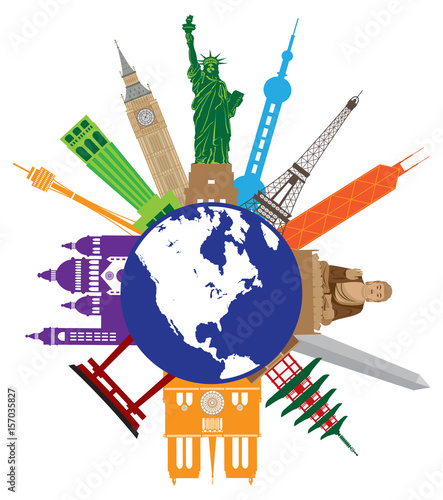 Tourist Attractions Around The World Globe vector illustration