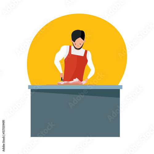 Man sells meat in working apron, cuts meat with knife.
