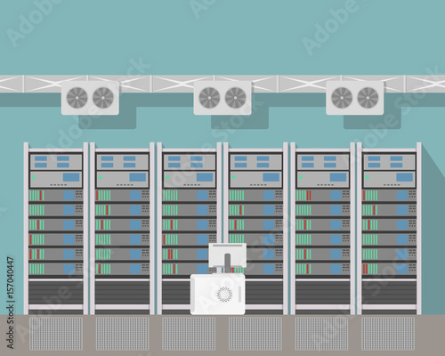 Interior of the room with servers and cooling system. Vector illustration