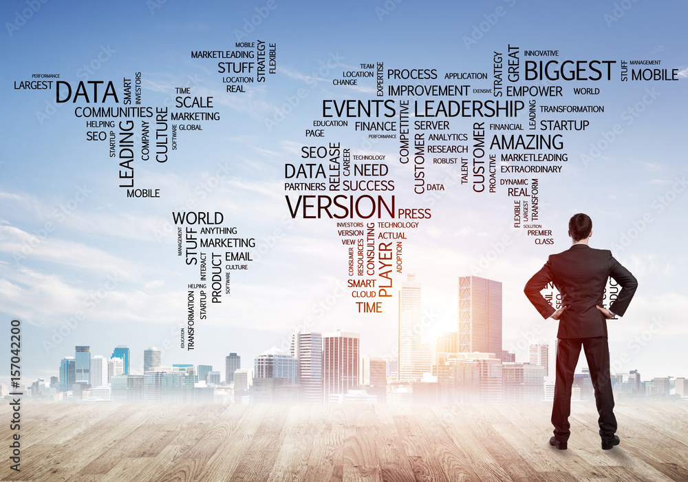 Motivation and inspiration concept with modern cityscape and businessman observing it Motivation and inspiration concept with modern cityscape and businessman observing it