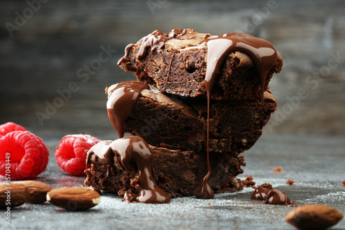 homemade chocolate brownies on grey background photo