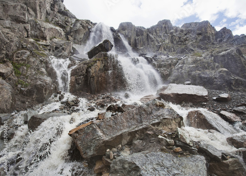Aktru waterfall  Altai mountains landscape.