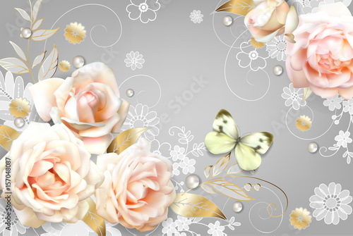 White roses and a butterfly .Size ledger horizontal.Romantic background
