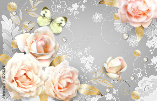 White roses and a butterfly .Size ledger horizontal.Romantic background