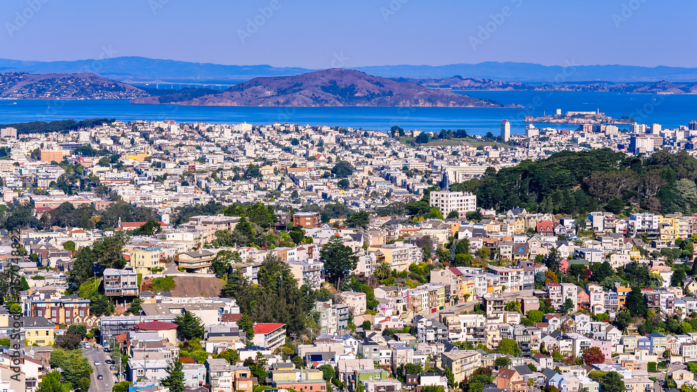 San Francisco, CA - Panoramic view from Twin Peaks, looking north, with San Francisco Bay and Angel Island in background.