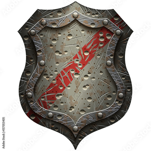 metal heraldic shield with scratches and dents