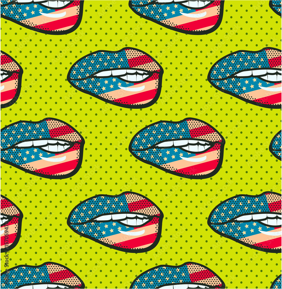 Seamless pattern of lips pop art