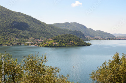 Lake panorama from "Monte Isola". Italian landscape. Island on lake. View from the island Monte Isola on Lake Iseo, Italy 