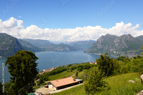 Lake panorama from "Monte Isola". Italian landscape. Island on lake. View from the island Monte Isola on Lake Iseo, Italy