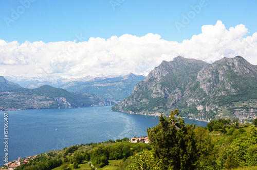 Lake panorama from "Monte Isola". Italian landscape. Island on lake. View from the island Monte Isola on Lake Iseo, Italy