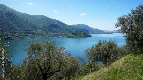 Lake panorama from  Monte Isola . Italian landscape. Island on lake. View from the island Monte Isola on Lake Iseo  Italy