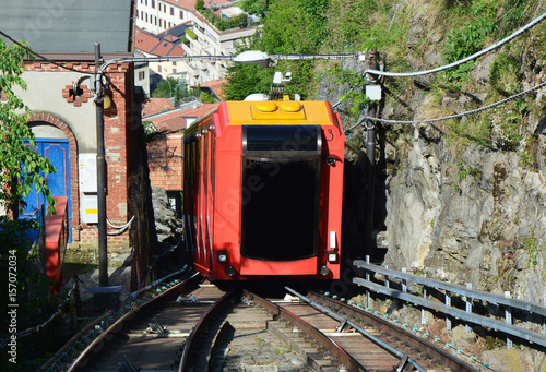 BRUNATE, ITALY - MAY 14, 2017: Amazing view of funicular on Lake Como climbing railway to Brunate, Como, Italy photo