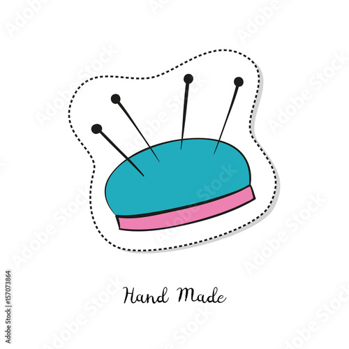 Cartoon sticker with pincushion for needles on white background.