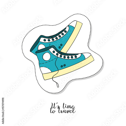 Cartoon sticker with sneakers on white background.