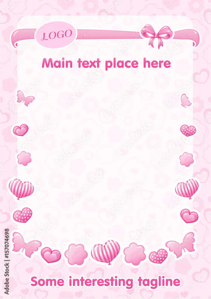 VECTOR eps 10. Ready template for girl design. Seamless pattern. Cute butterflies, bow, flowers, hearts in kind of balloons. For magazines, posters, invitations 
