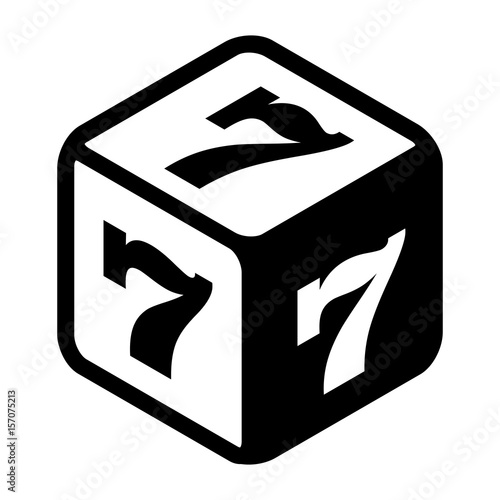 Good fortune dice with lucky sevens on every side. Great luck symbol Flat icon. Black and white vector Illustration isolated on white background