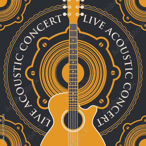 vector banner with an acoustic loudspeaker, guitar and the words live acoustic concert, written around on black background