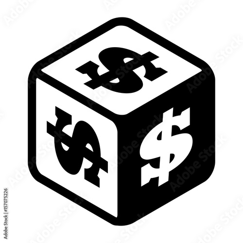Lucky dice with dollar signs on every side. Big money symbol Flat icon. Black and white vector Illustration isolated on white background