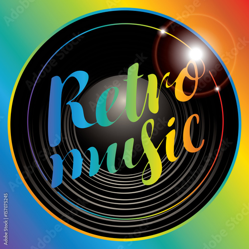 Plakat Wektorowy plakat dla retro muzyki z winylową rejestracją i multicolor literowaniem na tła tęczy kolorze