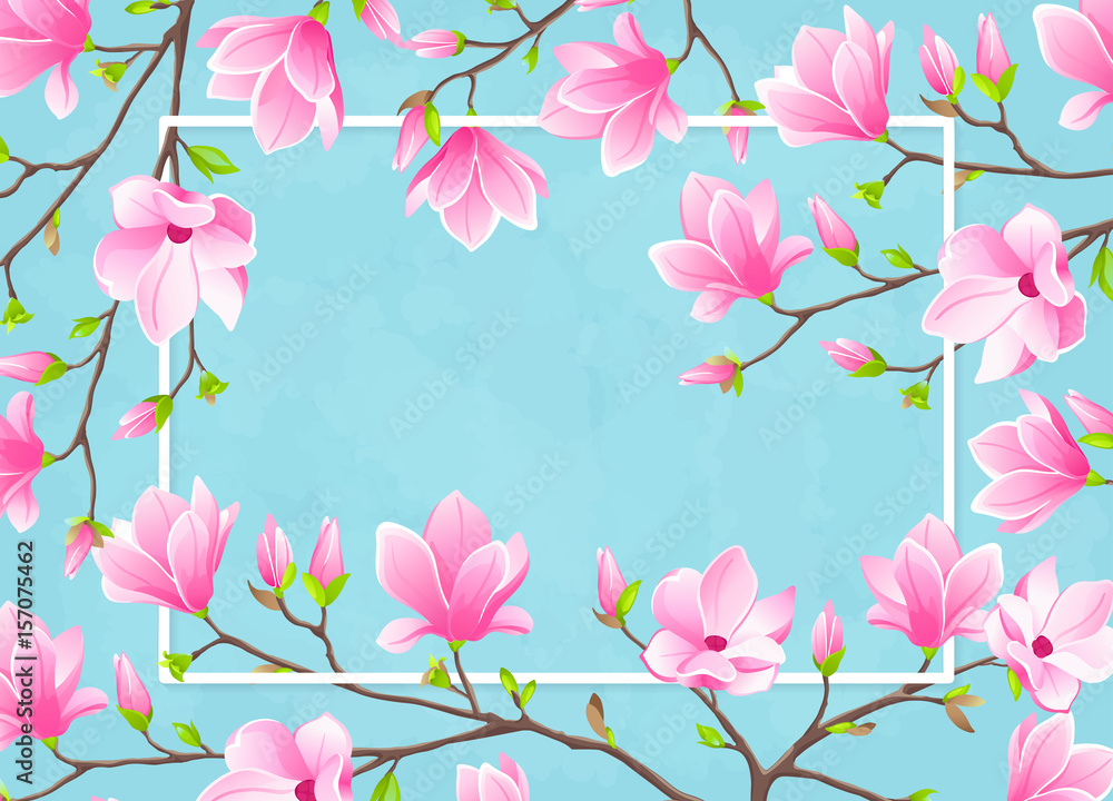 VECTOR eps 10. Magnolia flowers on the branch. White frame for text.
VECTOR eps 10. Magnolia flowers on the branch. White frame for text.