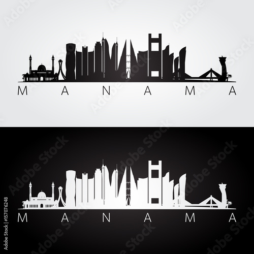 Manama skyline and landmarks silhouette, black and white design.