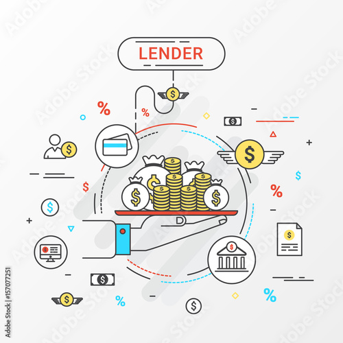 Lender infographics concept. Loan lending of money from bank, personal loans, credit card, organization or entity. Flat line design create by vector. Can be used for lender banner and advertisement. 