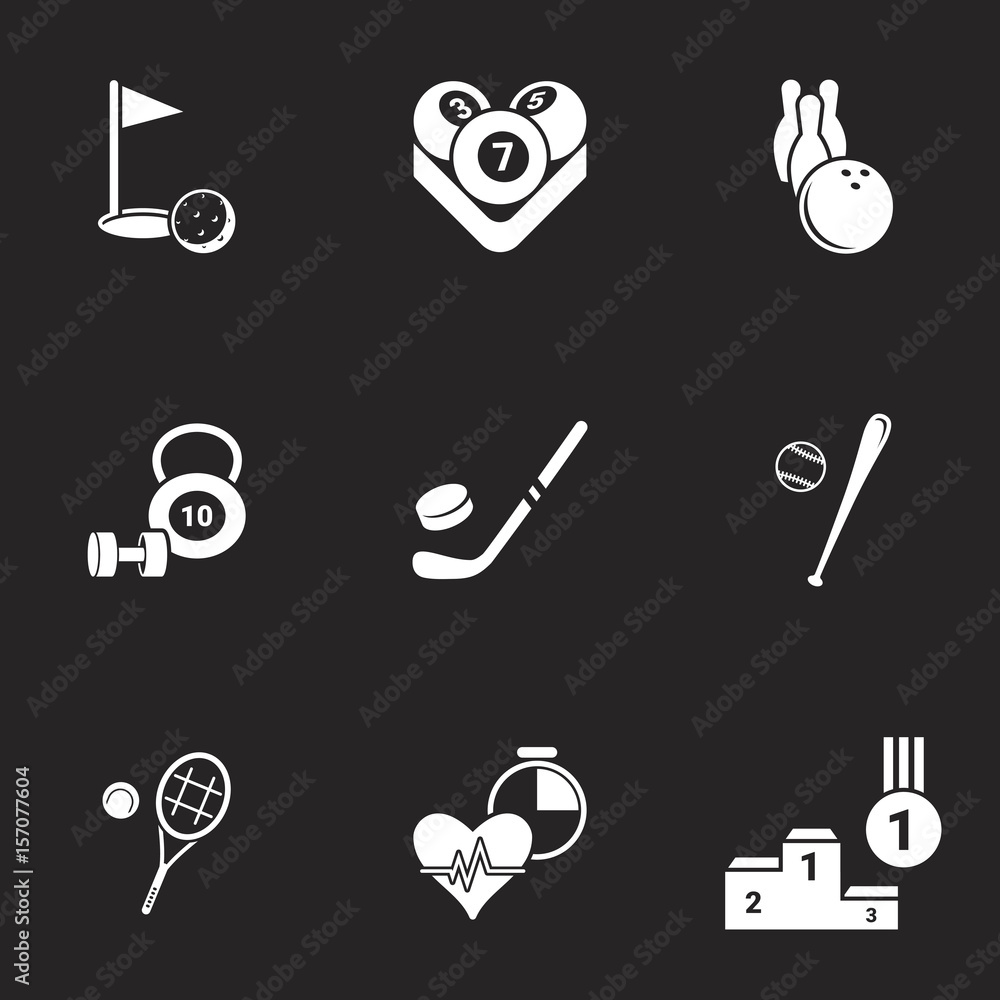 Fototapeta premium Icons for theme Sports. Black background, vector, icon, set
